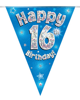 Happy 16th Birthday Bunting Blue Holographic