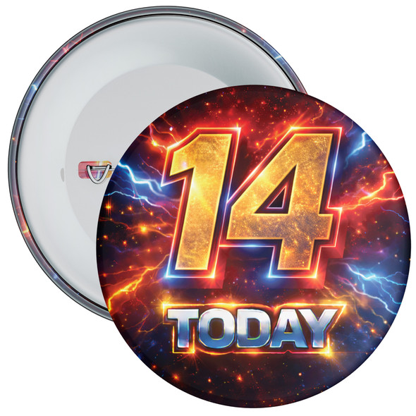 14 Today Birthday Badge – Lightning Superhero Design – Age 14