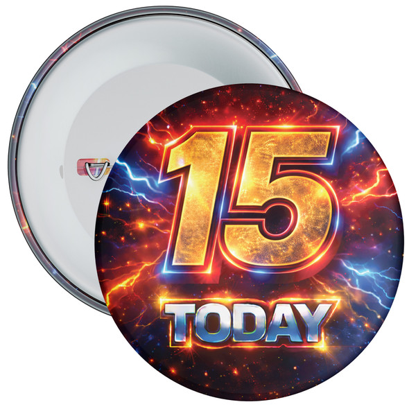 15 Today Birthday Badge – Lightning Superhero Design – Age 15