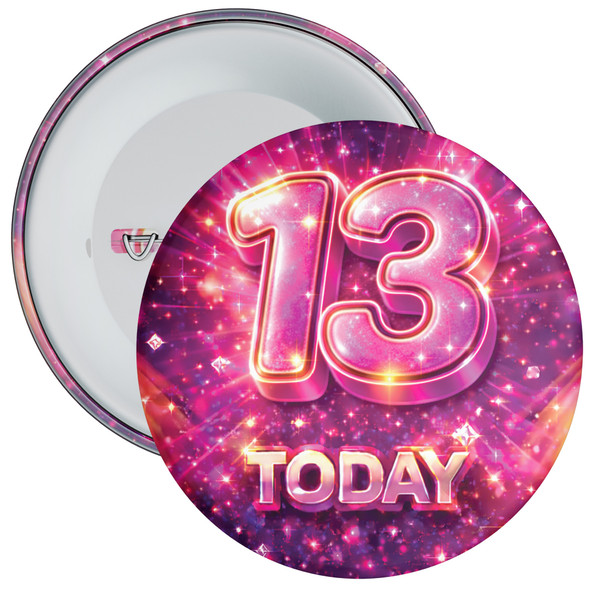 13 Today Birthday Badge – Pink Sparkle Design – Age 13