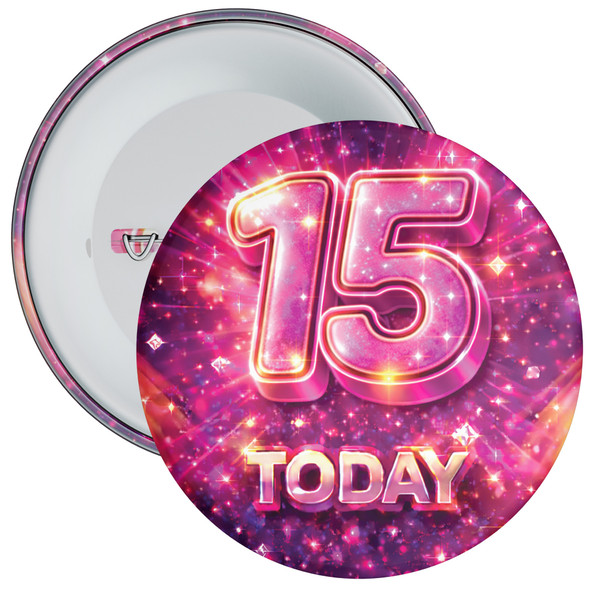 15 Today Birthday Badge – Pink Sparkle Design – Age 15