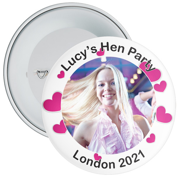 Customisable White with Hearts Hen Party Photo Badge