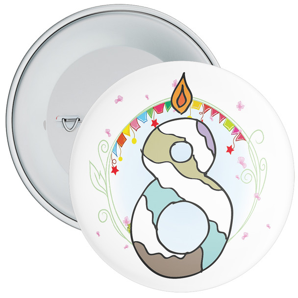 8th Birthday Badge with Candles and Blue Background