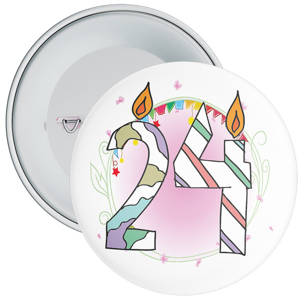24th Birthday Badge with Candles and Pink Background