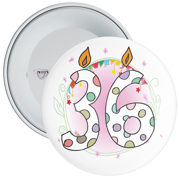 36th Birthday Badge with Candles and Pink Background