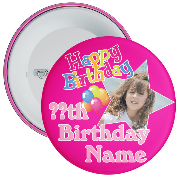 Pink Personalised Photo Birthday Badge