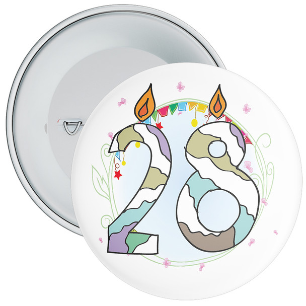 28th Birthday Badge with Candles and Blue Background - Age 28 Badge