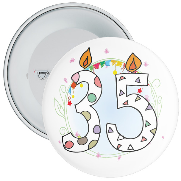 35th Birthday Badge with Candles and Blue Background