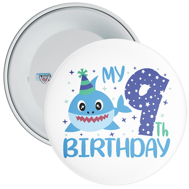 Shark My 9th Birthday Badge - Age 9 Badge - Blue - Boy