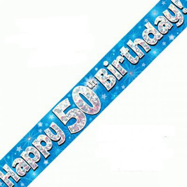 Happy 50th Birthday Blue Holographic Banner