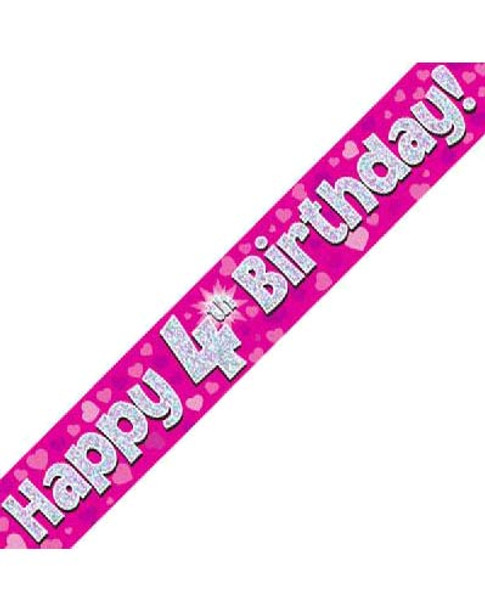 Happy 4th Birthday Pink Holographic Banner