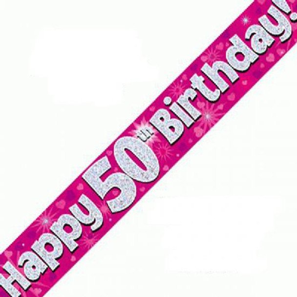 Happy 50th Birthday Pink Holographic Banner