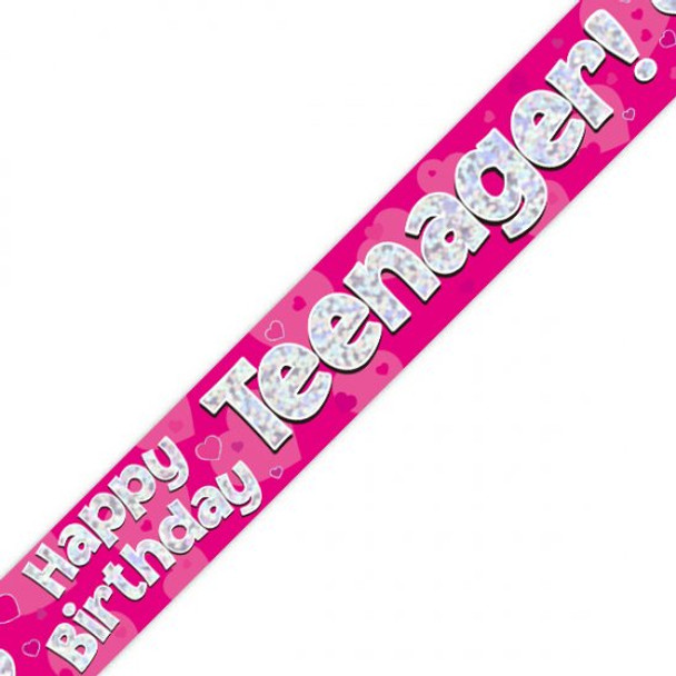 Happy Birthday Teenager Pink Holographic Banner