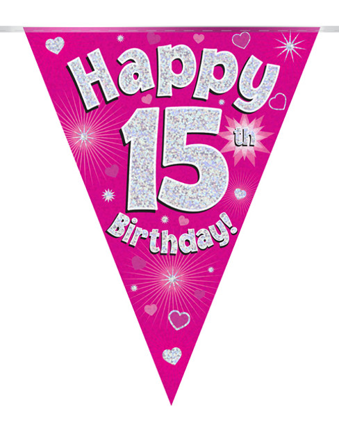 Happy 15th Birthday Bunting Pink Holographic
