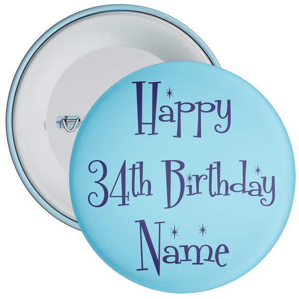 34th Birthday Blue Personalised Birthday Badge