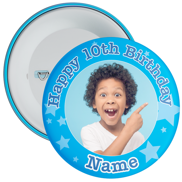 10th Birthday Blue Stars Customisable Birthday Photo Badge