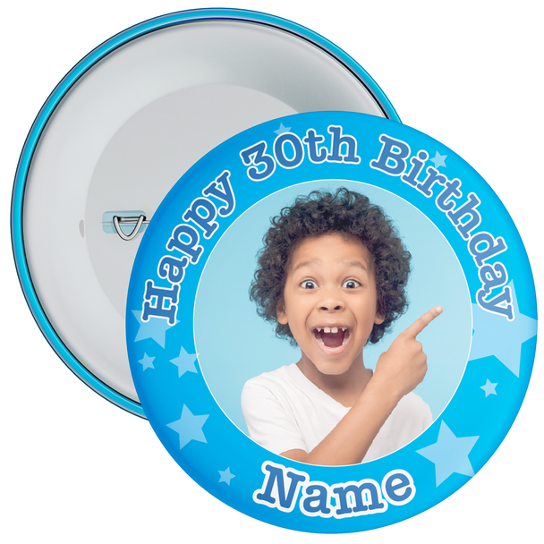 30th Birthday Blue Stars Customisable Photo Birthday Badge - Age 30 Badge