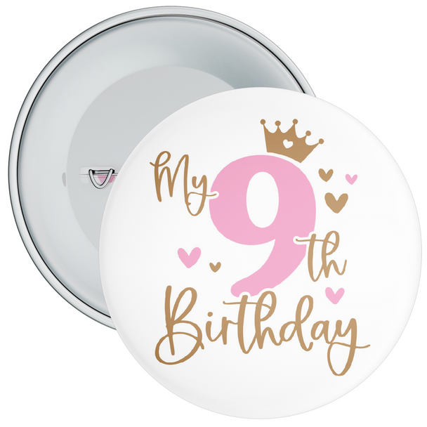 Pink My 9th Birthday Badge with Crown