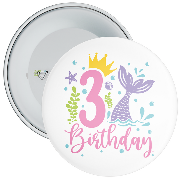 Mermaid 3rd Birthday Badge - Age 3 Badge - Pink - Girl