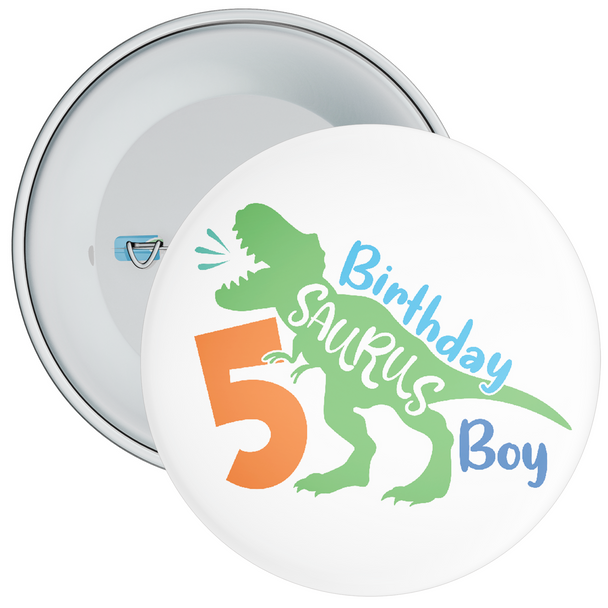 5th Birthday Boy Dinosaur Birthday Badge- Age 5 Badge - Green / White - Boy