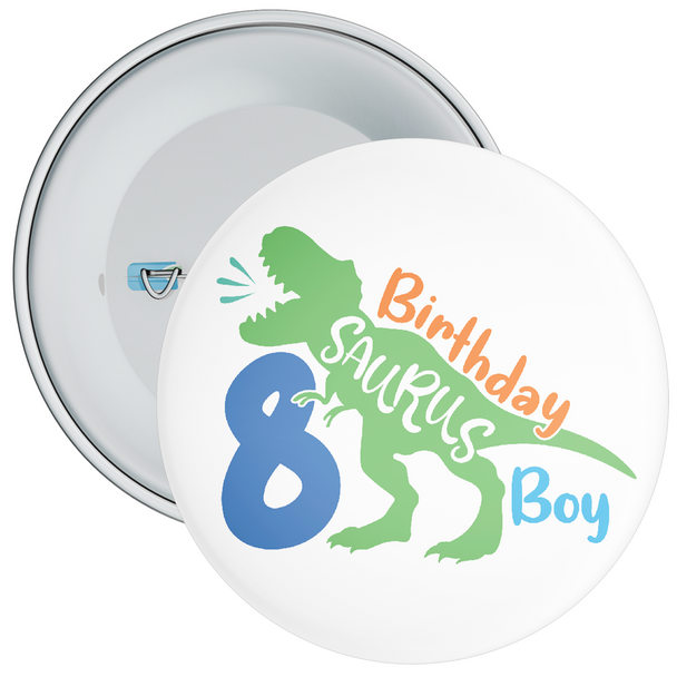 8th Birthday Boy Dinosaur Birthday Badge - Age 8 Badge - Green / White - Boy
