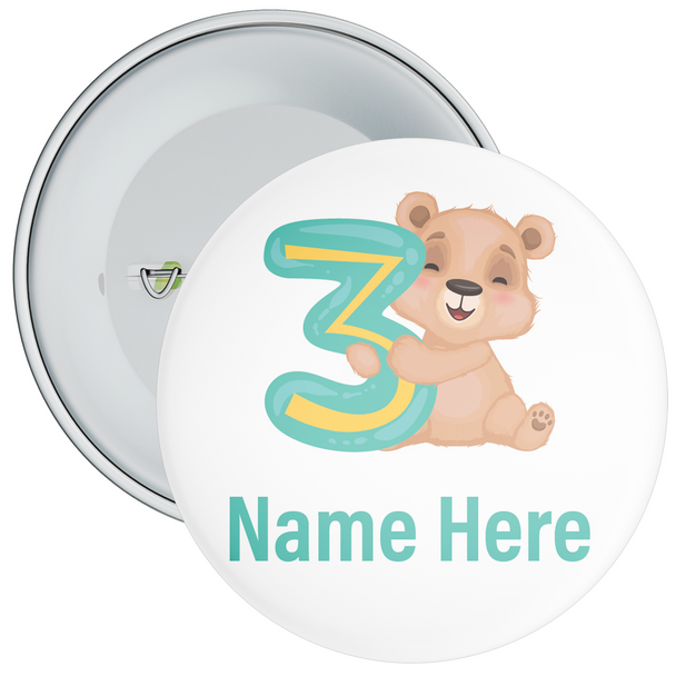 Personalised Bear 3rd Birthday Badge - Age 3 Badge - Boy / Girl