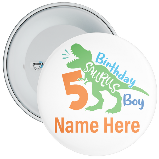 Personalised 5th Birthday Boy Dinosaur Birthday Badge- Age 5 Badge