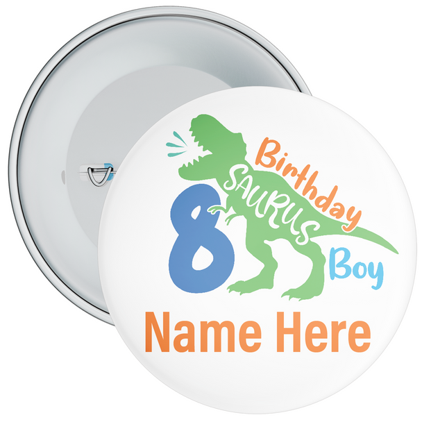 Personalised 8th Birthday Boy Dinosaur Birthday Badge