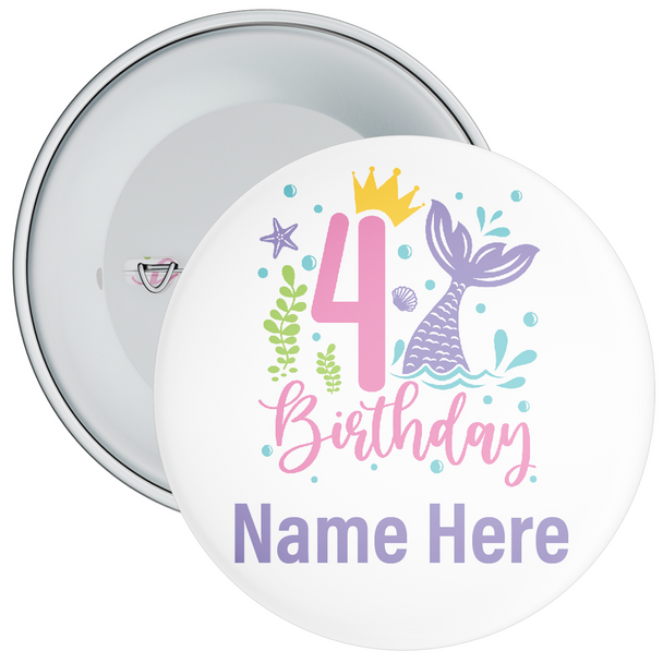 Personalised Mermaid 4th Birthday Badge - Age 4 Badge - Pink - Girl
