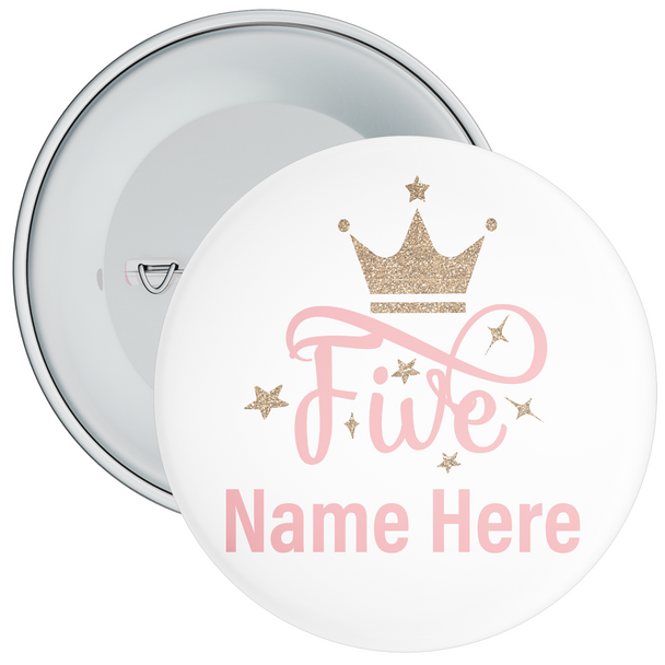 Pink Personalised Crown 5th Birthday Badge - Age 5 Badge - Pink - Girl