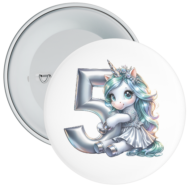 Silver 5th Unicorn Birthday Badge - Age 5 Badge - Silver - Girl