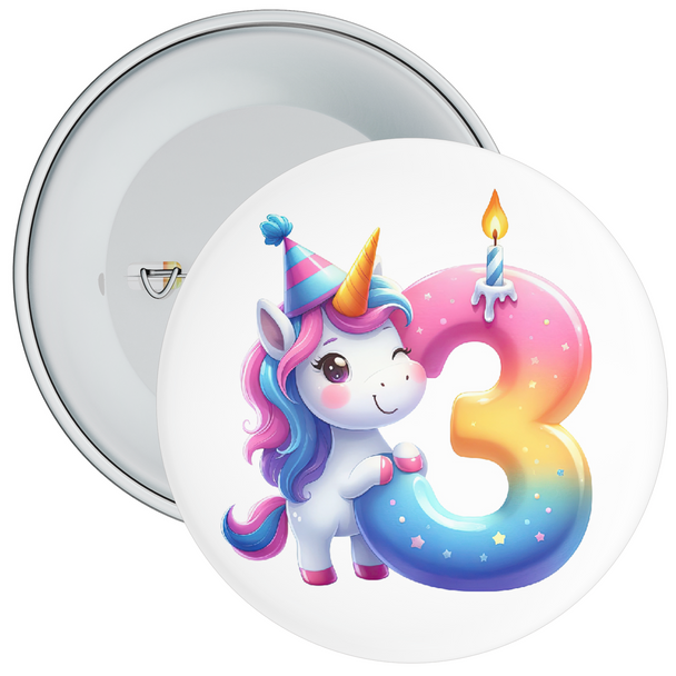 Colourful 3rd Birthday Badge Unicorn Themed - Age 3 Badge - Pink - Girl