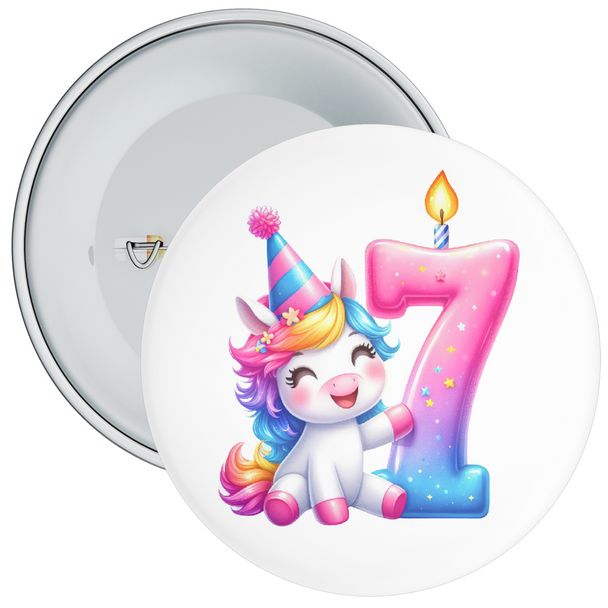 Colourful 7th Birthday Badge Unicorn Themed