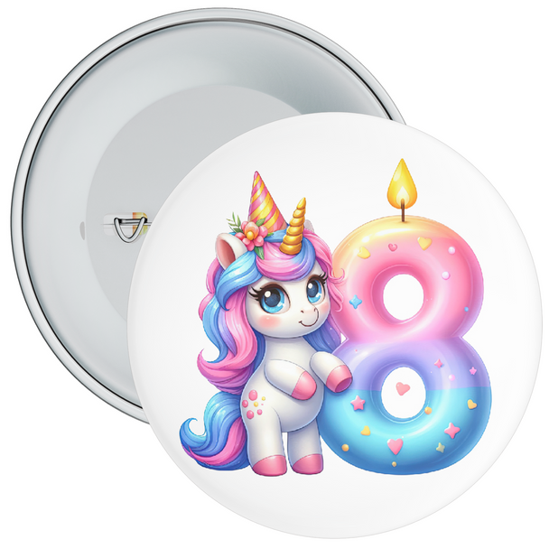 Colourful 8th Birthday Badge Unicorn Themed