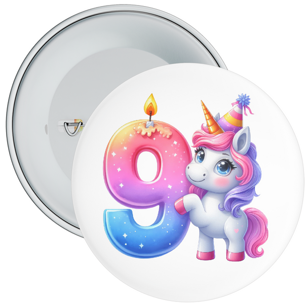 Colourful 9th Birthday Badge Unicorn Themed
