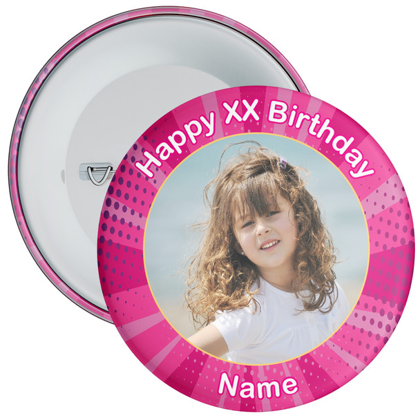 Pink Coloured Personalised Photo Birthday Badge