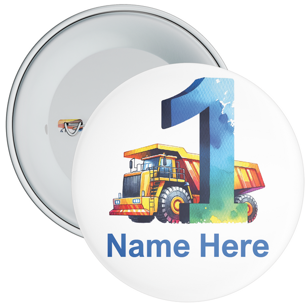 Personalised Truck Digger 1st Birthday Badge Blue - Age 1 Badge - Blue - Boy