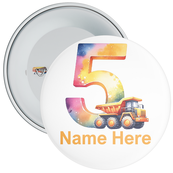 Personalised Truck Digger 5th Birthday Badge Colourful - Age 5 Badge - Colourful - Boy