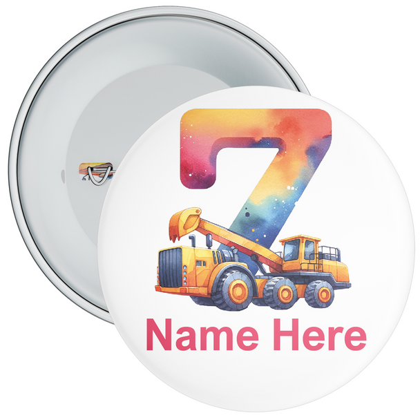 Personalised Truck Digger 7th Birthday Badge Colourful - Age 7 Badge - Colourful - Boy