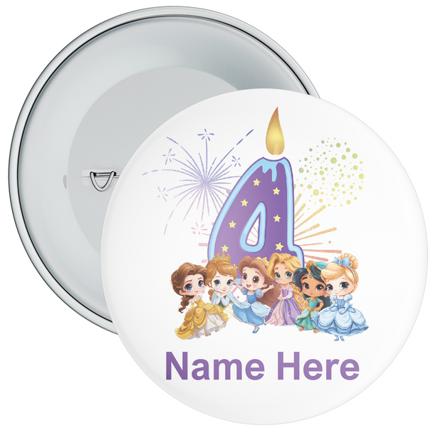 Personalised Princess  4th Birthday Badge Purple - Age 4 Badge - Purple - Girl