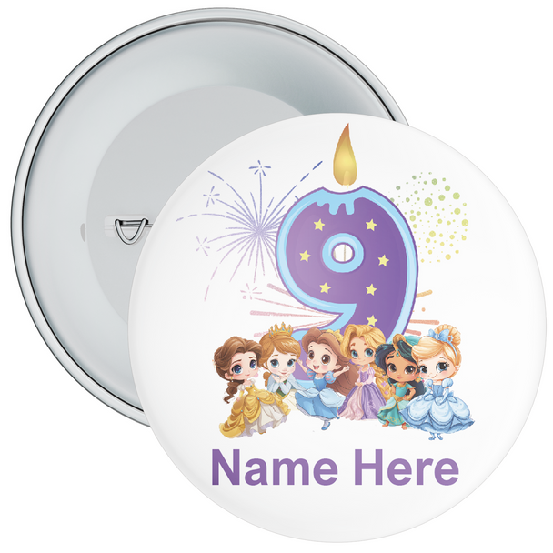 Personalised Princess  9th Birthday Badge Purple - Age 9 Badge - Purple - Girl
