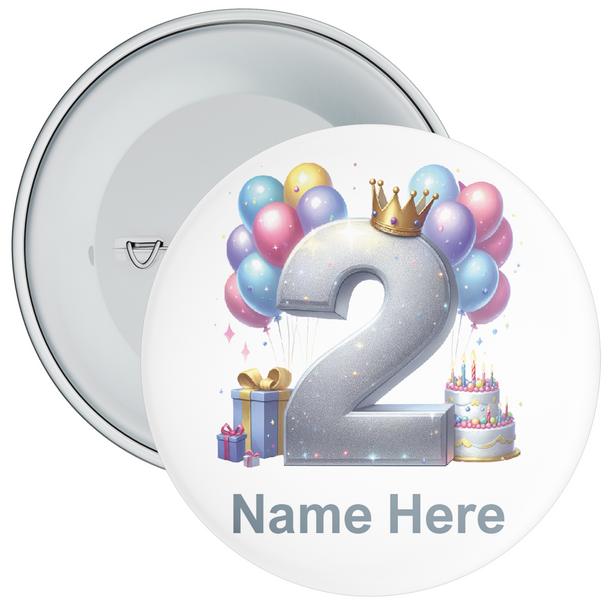 Personalised Balloon Themed 2nd Birthday Badge - Age 2 Badge - Silver - Boy / Girl