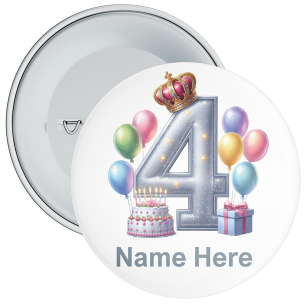 Personalised Balloon Themed 4th Birthday Badge - Age 4 Badge - Silver - Boy / Girl