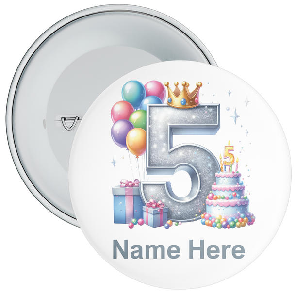 Personalised Balloon Themed 5th Birthday Badge - Age 5 Badge - Silver - Boy / Girl