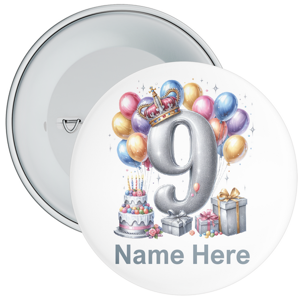 Personalised Balloon Themed 9th Birthday Badge - Age 9 Badge - Silver - Boy / Girl