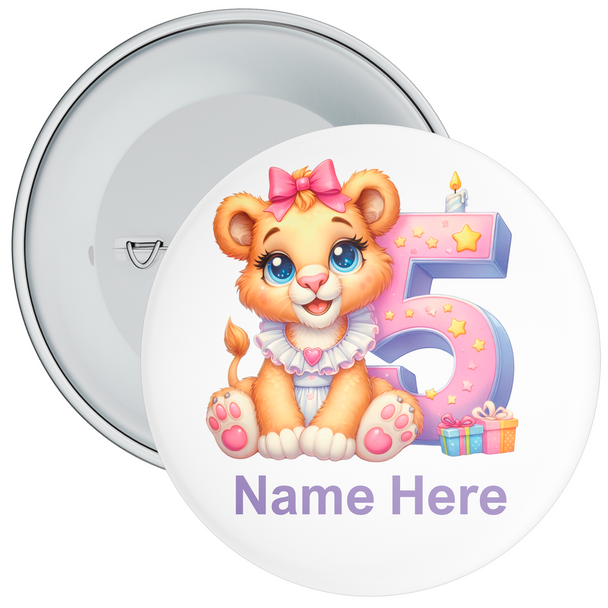 Personalised Lioness 5th Birthday Badge - Age 5 Badge - Colourful - Boy / Girl