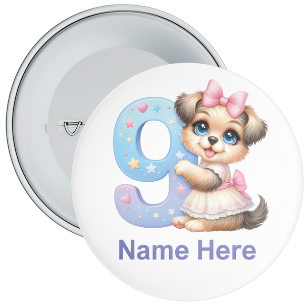 Personalised Puppy 9th Birthday Badge - Age 9 Badge - Colourful - Boy / Girl