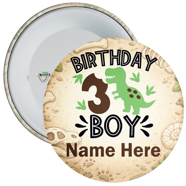 Personalised 3rd  Birthday Dinosaur Birthday Badge Child - Age 3 Badge - Boy