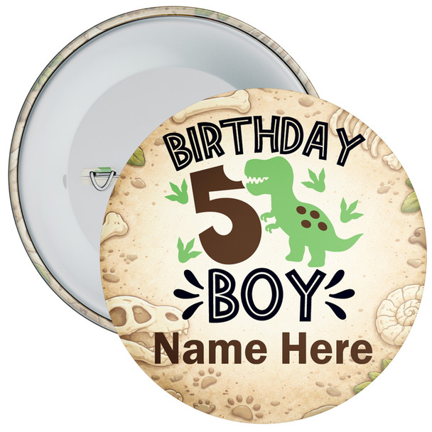 Personalised 5th Birthday Dinosaur Birthday Badge Child - Age 5 Badge - Boy