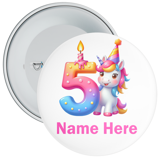 Personalised Colourful 5th Birthday Badge Unicorn Themed - Age 5 Badge - Pink - Girl